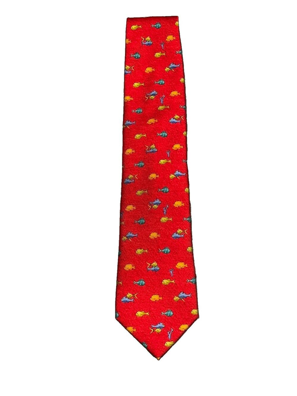 Bvlgari Red Silk 7 Fold Neck Tie with Yellow and Orange Fish Blue Dolphin Italy